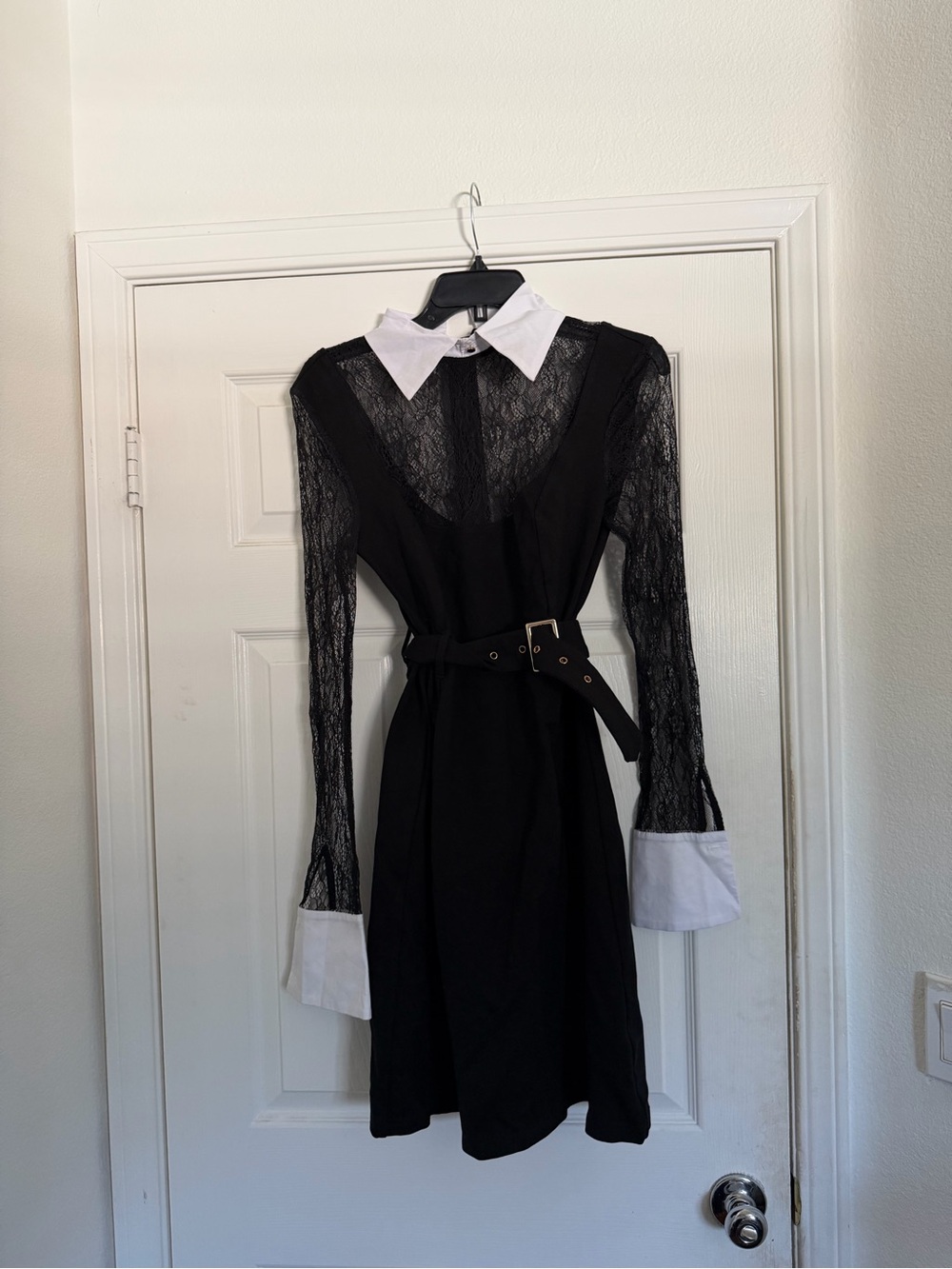 Karen Millen Black Lace Midi Dress with White Collar & Cuffs